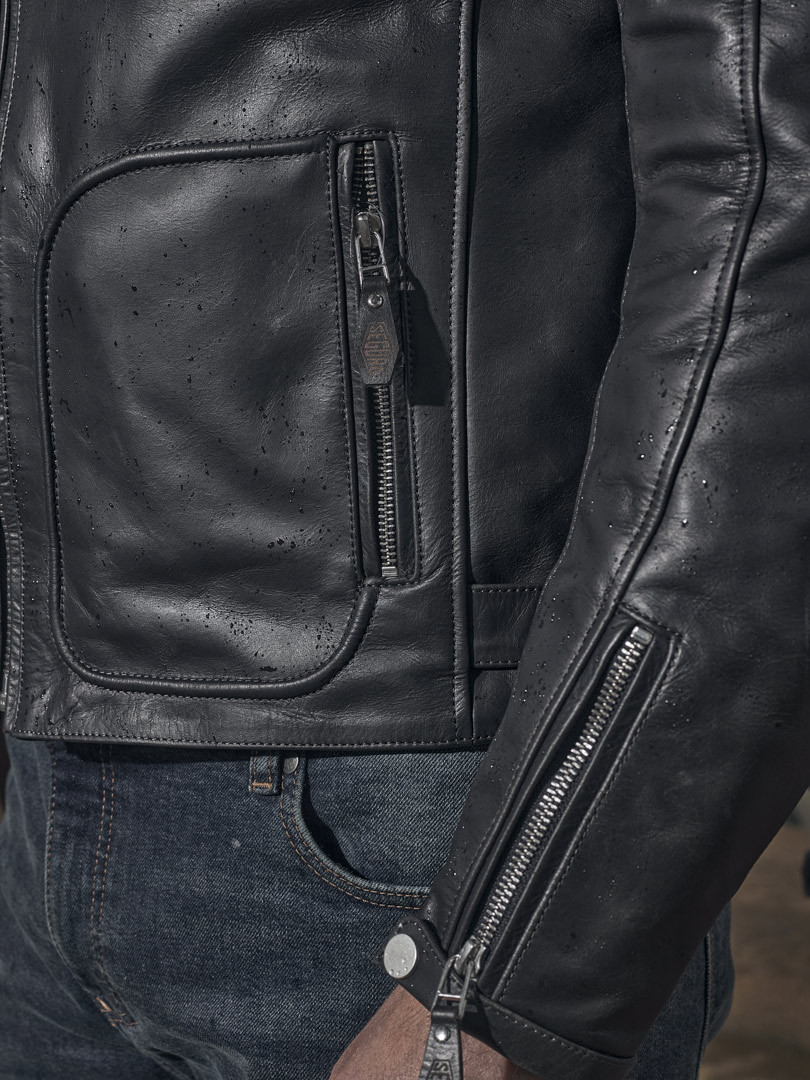 Side view of Segura Lewis Motorcycle Leather Jacket, black, Size XL for Men