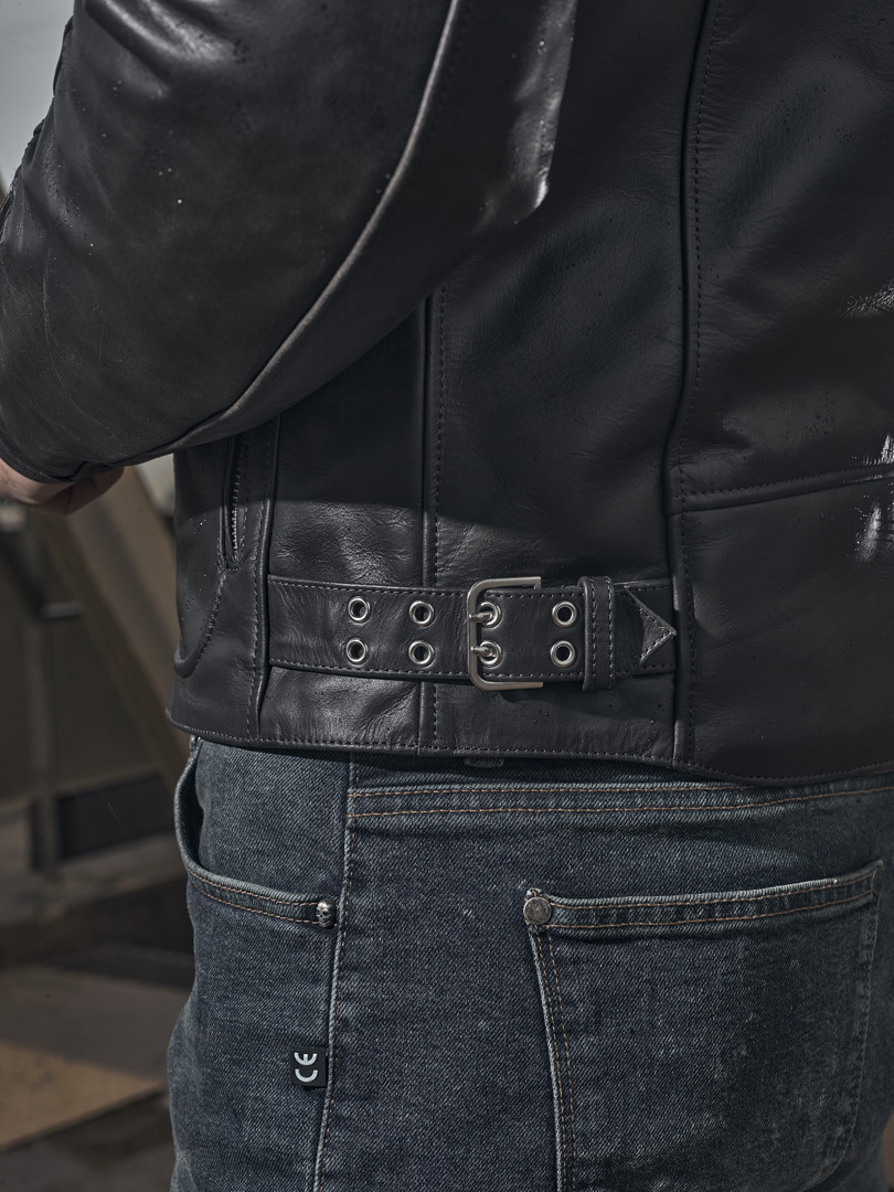 Side view of Segura Lewis Motorcycle Leather Jacket, black, Size XL for Men