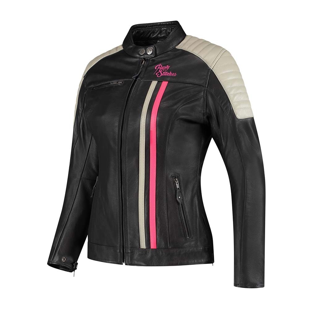Rusty Stitches Alice Veste en cuir de moto pour femmes, noir-gris-rose, taille 46