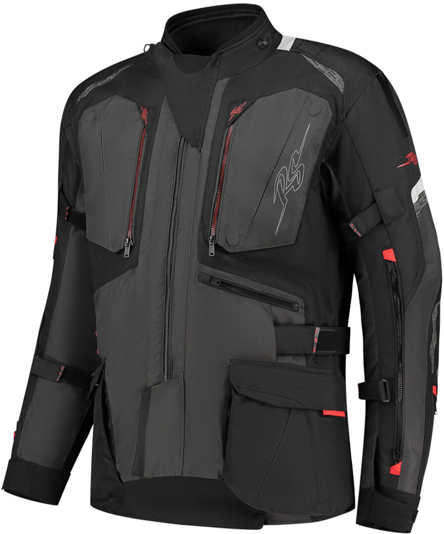 Rusty Stitches Cliff Veste textile imperméable à l’eau pour moto, noir-gris-rouge, taille 4XL pour Hommes