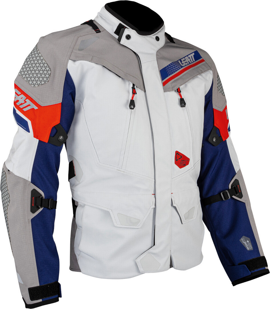 Side view of Leatt ADV DriTour 7.5 waterproof Motorcycle Textile Jacket, grey-red-blue, Size 3XL for Men