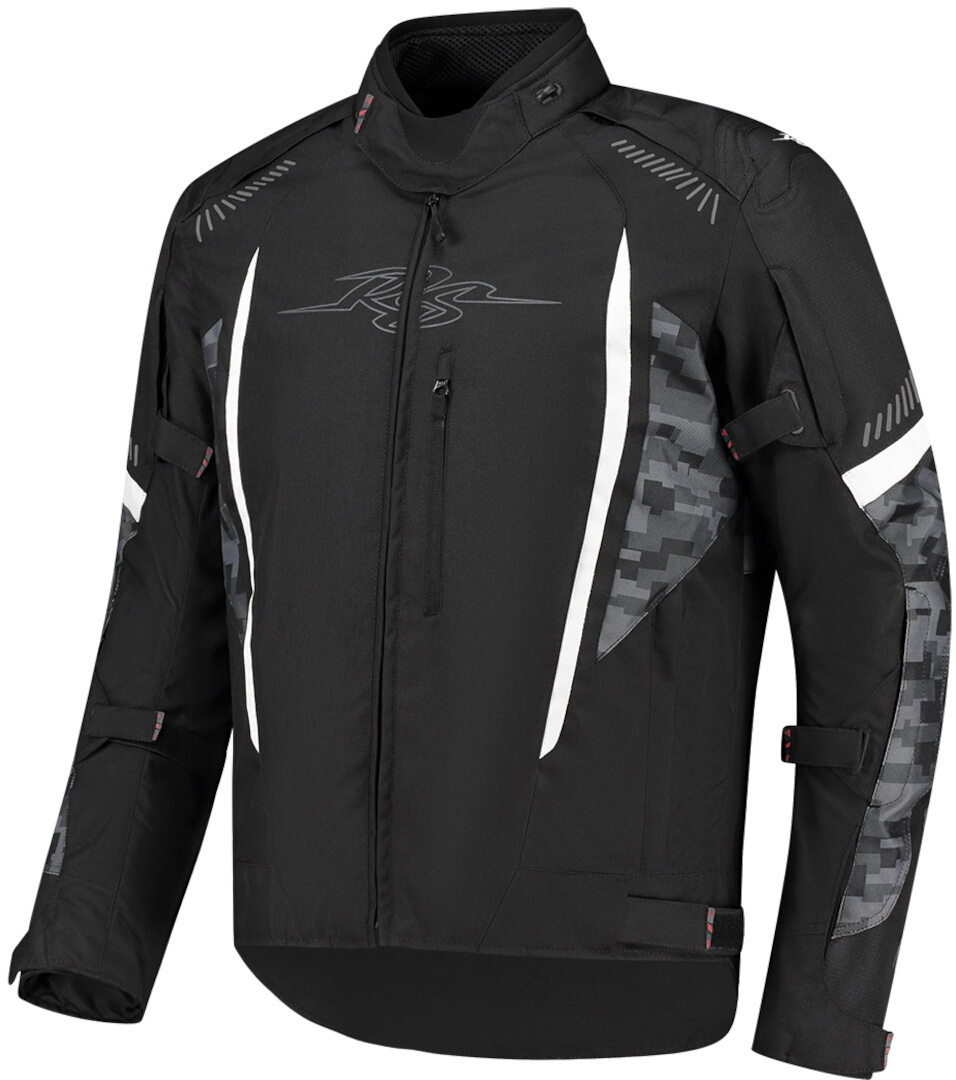 Rusty Stitches Pete Veste textile imperméable à l’eau pour moto, noir-gris-blanc, taille S pour Hommes