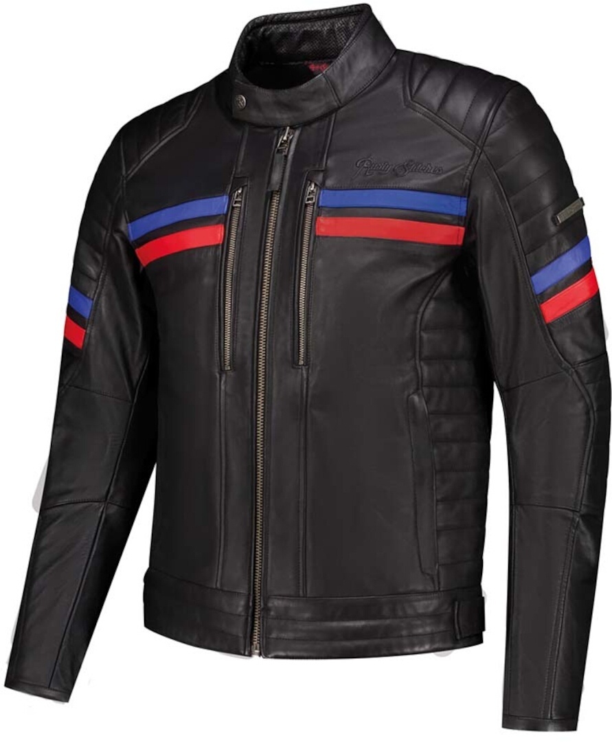Rusty Stitches Steve Blouson en cuir de moto, noir-rouge-bleu, taille 4XL pour Hommes