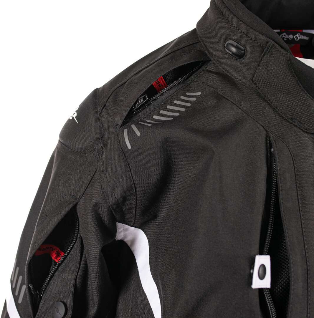 Side view of Rusty Stitches Taylor Waterproof Ladies Motorcycle Textile Jacket, black-white, Size 40 for Women
