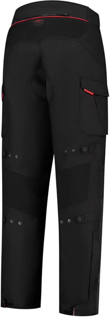 Side view of Rusty Stitches Cliff Waterproof Motorcycle Textile Pants, black-grey-red, Size 4XL for Men