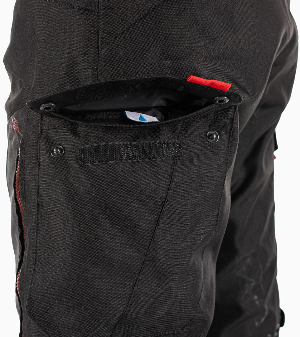 Side view of Rusty Stitches Cliff Waterproof Motorcycle Textile Pants, black-grey-red, Size 4XL for Men