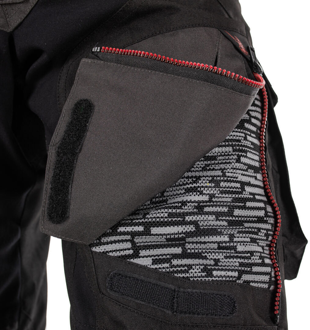 Side view of Rusty Stitches Cliff Waterproof Motorcycle Textile Pants, black-grey-red, Size 4XL for Men
