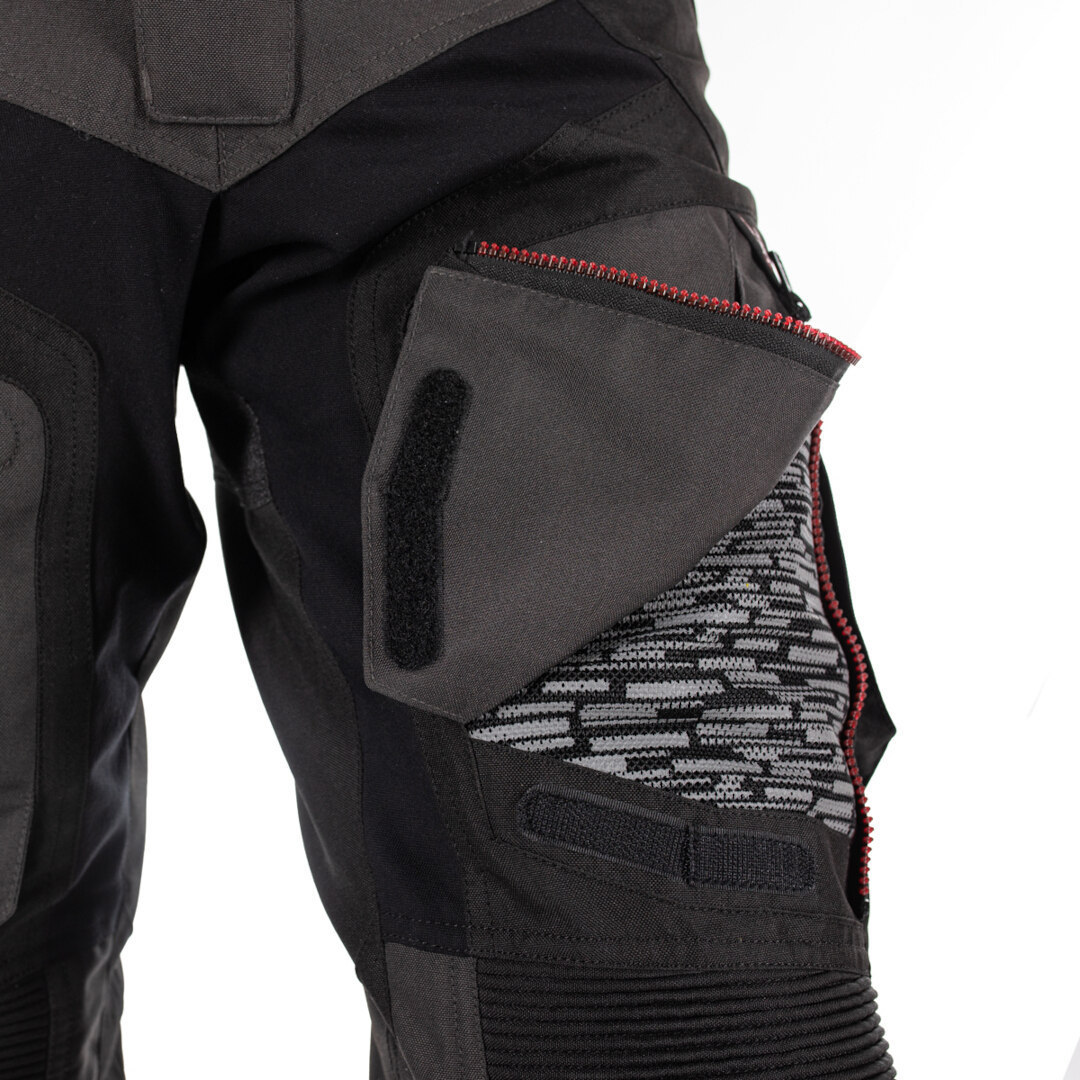 Side view of Rusty Stitches Cliff Waterproof Motorcycle Textile Pants, black-grey-red, Size 4XL for Men