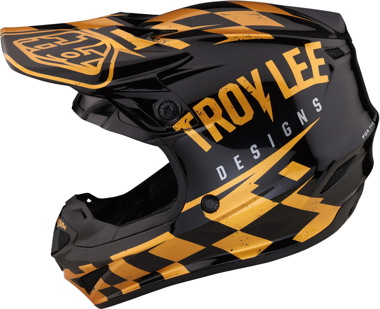 Side view of Troy Lee Designs SE4 Polyacrylite Race Shop MIPS Motocross Helmet, black-gold, Size S for Men