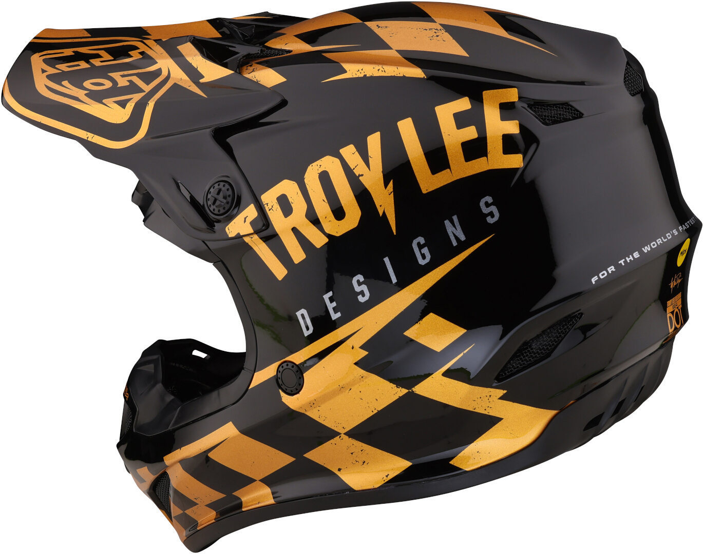 Side view of Troy Lee Designs SE4 Polyacrylite Race Shop MIPS Motocross Helmet, black-gold, Size S for Men