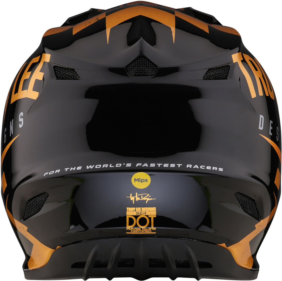 Side view of Troy Lee Designs SE4 Polyacrylite Race Shop MIPS Motocross Helmet, black-gold, Size S for Men