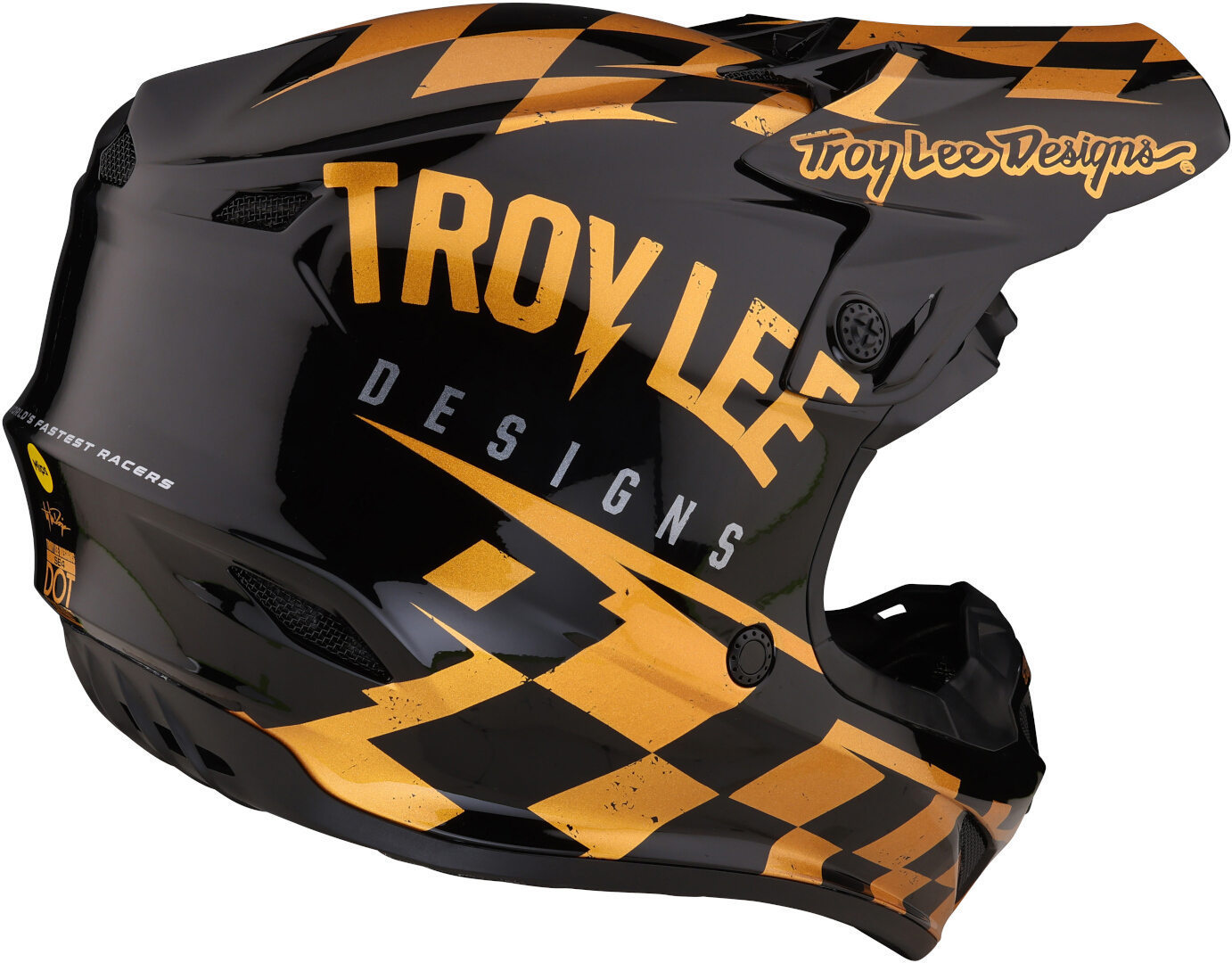 Side view of Troy Lee Designs SE4 Polyacrylite Race Shop MIPS Motocross Helmet, black-gold, Size S for Men
