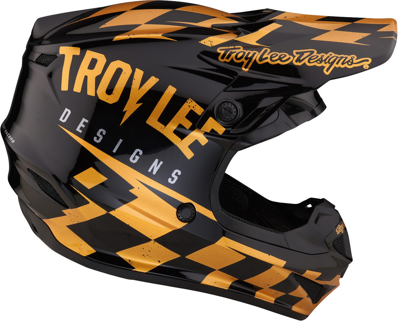 Side view of Troy Lee Designs SE4 Polyacrylite Race Shop MIPS Motocross Helmet, black-gold, Size S for Men