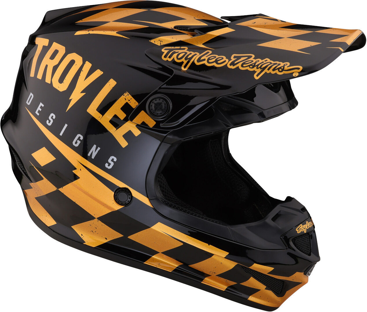 Side view of Troy Lee Designs SE4 Polyacrylite Race Shop MIPS Motocross Helmet, black-gold, Size S for Men