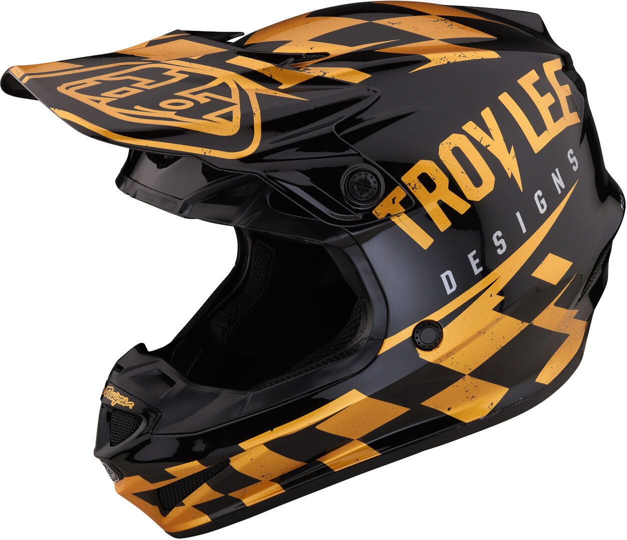 Troy Lee Designs SE4 Polyacrylite Race Shop MIPS Motocross Helmet, black-gold, Size S for Men