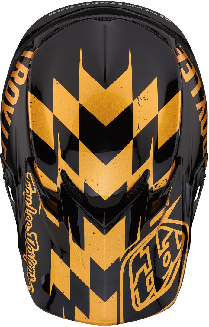Side view of Troy Lee Designs SE4 Polyacrylite Race Shop MIPS Motocross Helmet, black-gold, Size S for Men