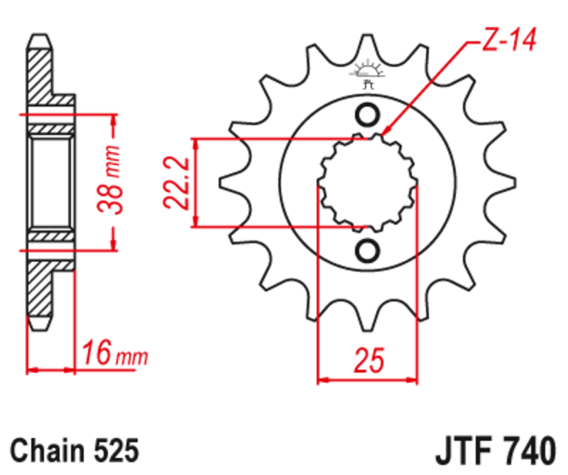 JT SPROCKETS Stalowa bezgłośna zębatka przednia 740 - 525