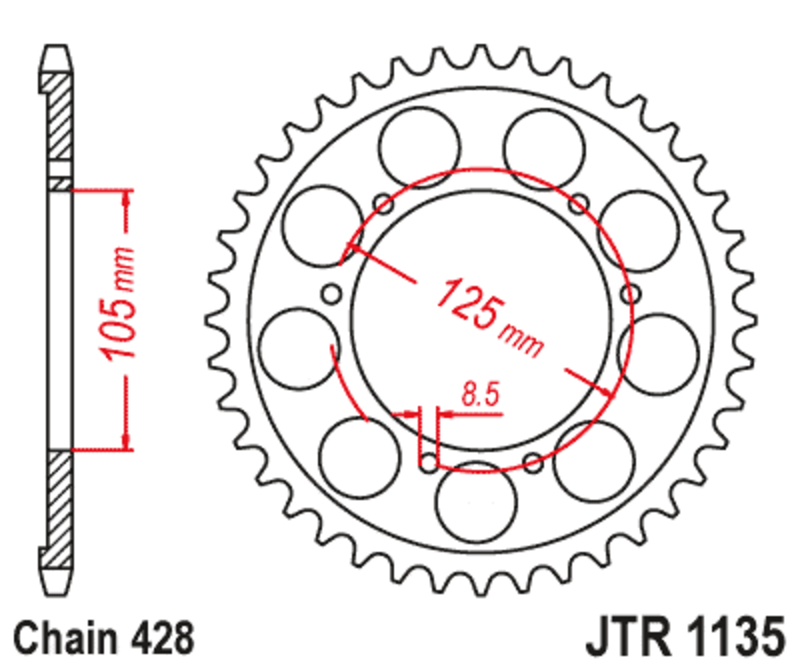 JT SPROCKETS Bakdrev i standardstål 1135 - 428