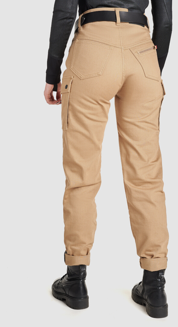 Side view of Pando Moto Mila Cargo Ladies Motorcycle Jeans, beige, Size 30 32 for Women
