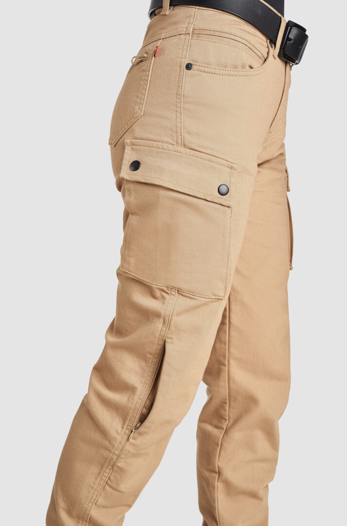Side view of Pando Moto Mila Cargo Ladies Motorcycle Jeans, beige, Size 30 32 for Women