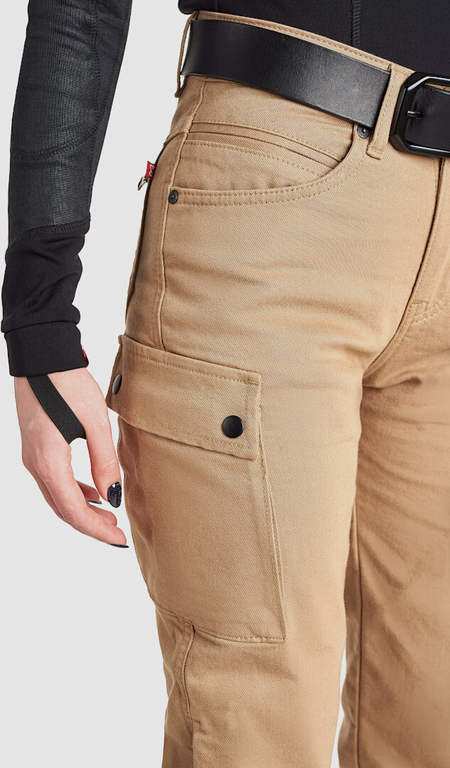 Side view of Pando Moto Mila Cargo Ladies Motorcycle Jeans, beige, Size 30 32 for Women