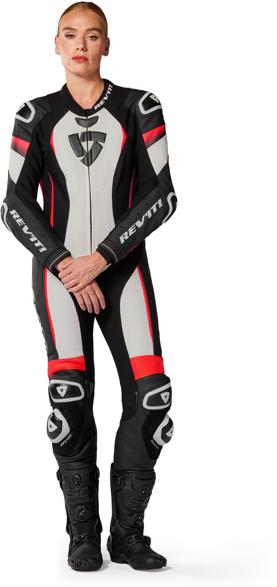 Side view of Revit Xena 4 Ladies One Piece Motorcycle Leather Suit, white-red, Size 46 for Women