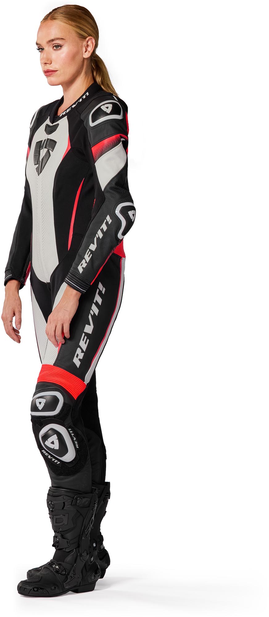 Side view of Revit Xena 4 Ladies One Piece Motorcycle Leather Suit, white-red, Size 46 for Women