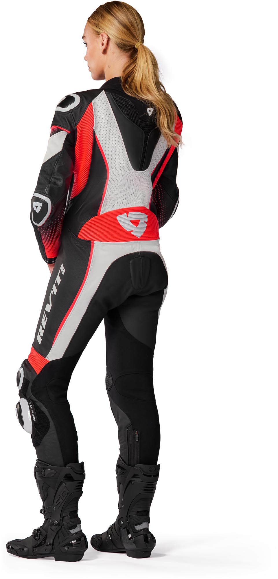 Side view of Revit Xena 4 Ladies One Piece Motorcycle Leather Suit, white-red, Size 46 for Women