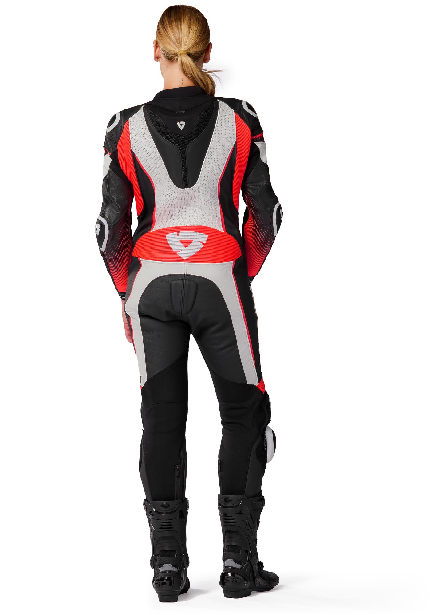 Side view of Revit Xena 4 Ladies One Piece Motorcycle Leather Suit, white-red, Size 46 for Women