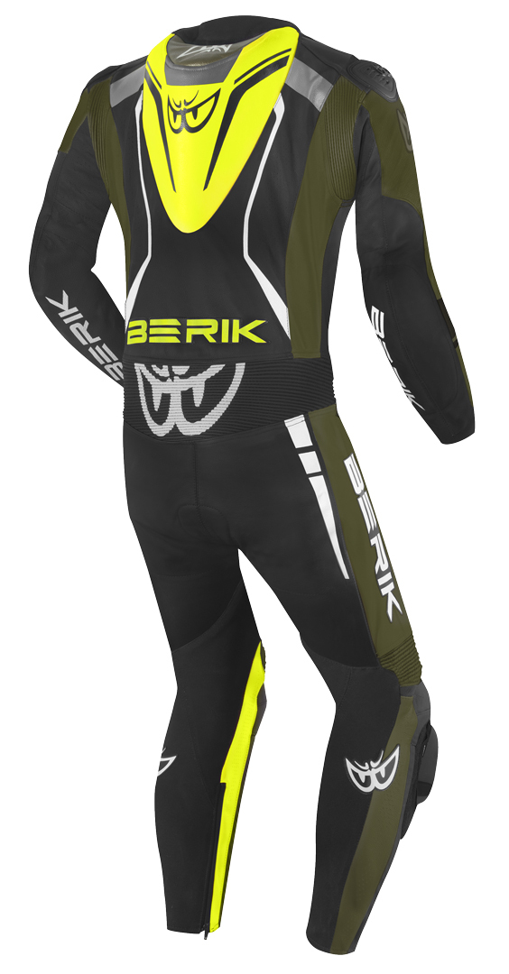 Side view of Berik Absolute GP One Piece Motorcycle Leather Suit, black-green-yellow, Size 56 for Men