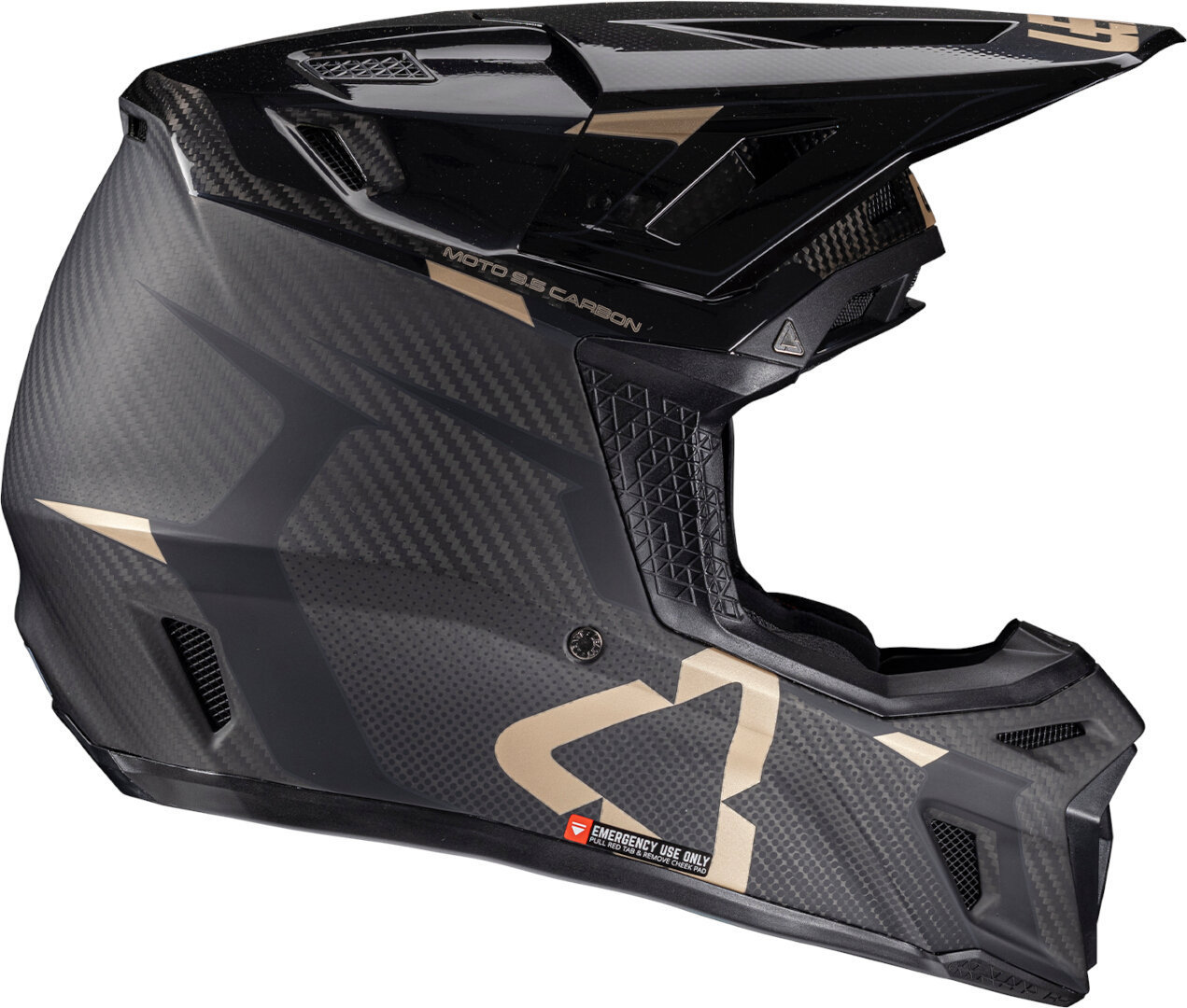 Side view of Leatt 9.5 Carbon Bronze 2025 Motocross Helmet with Goggles, Size 2XL for Men