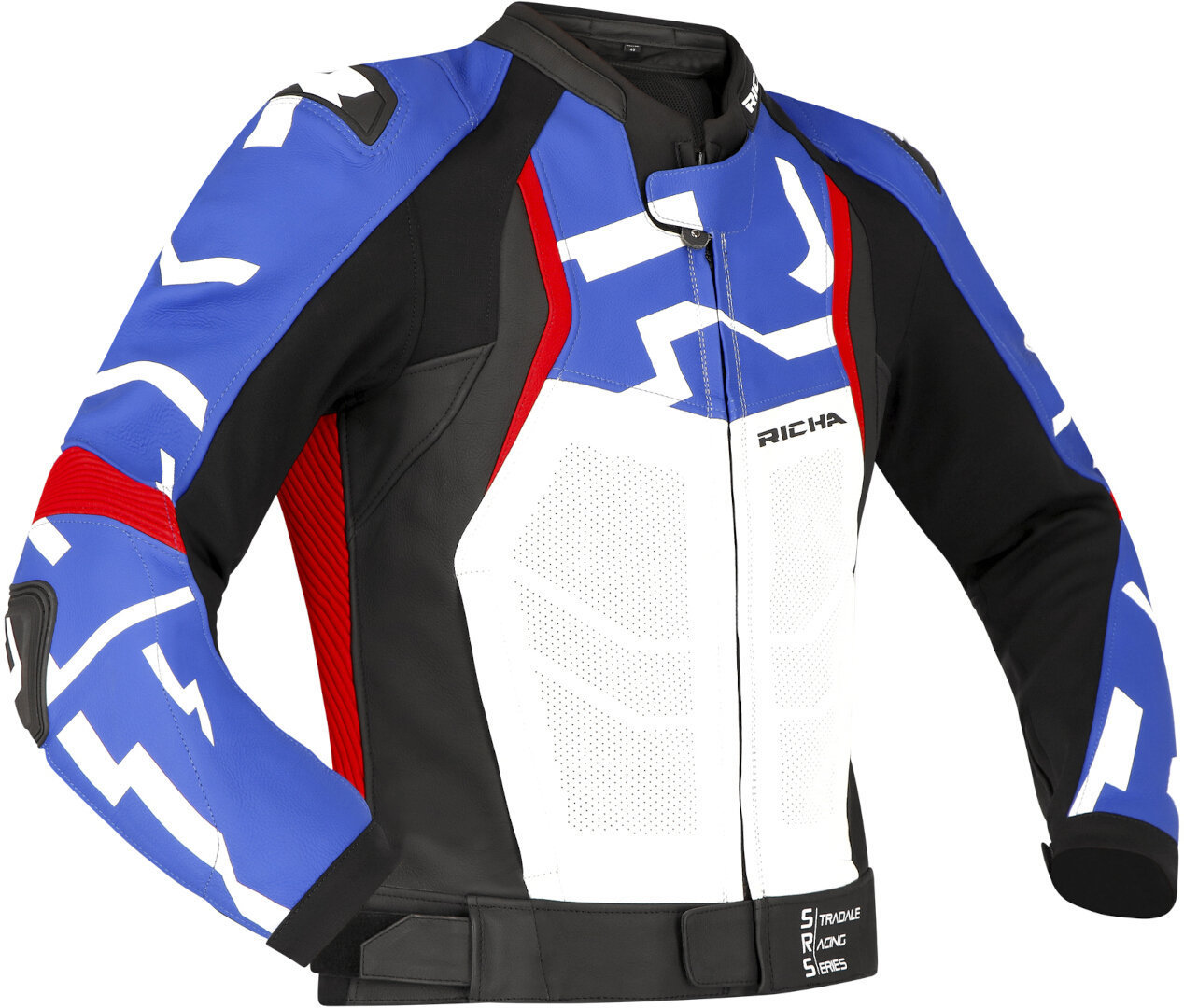 Richa Stradale perforierte Motorrad Lederjacke, schwarz-weiss-rot-blau, Größe 46 für Männer