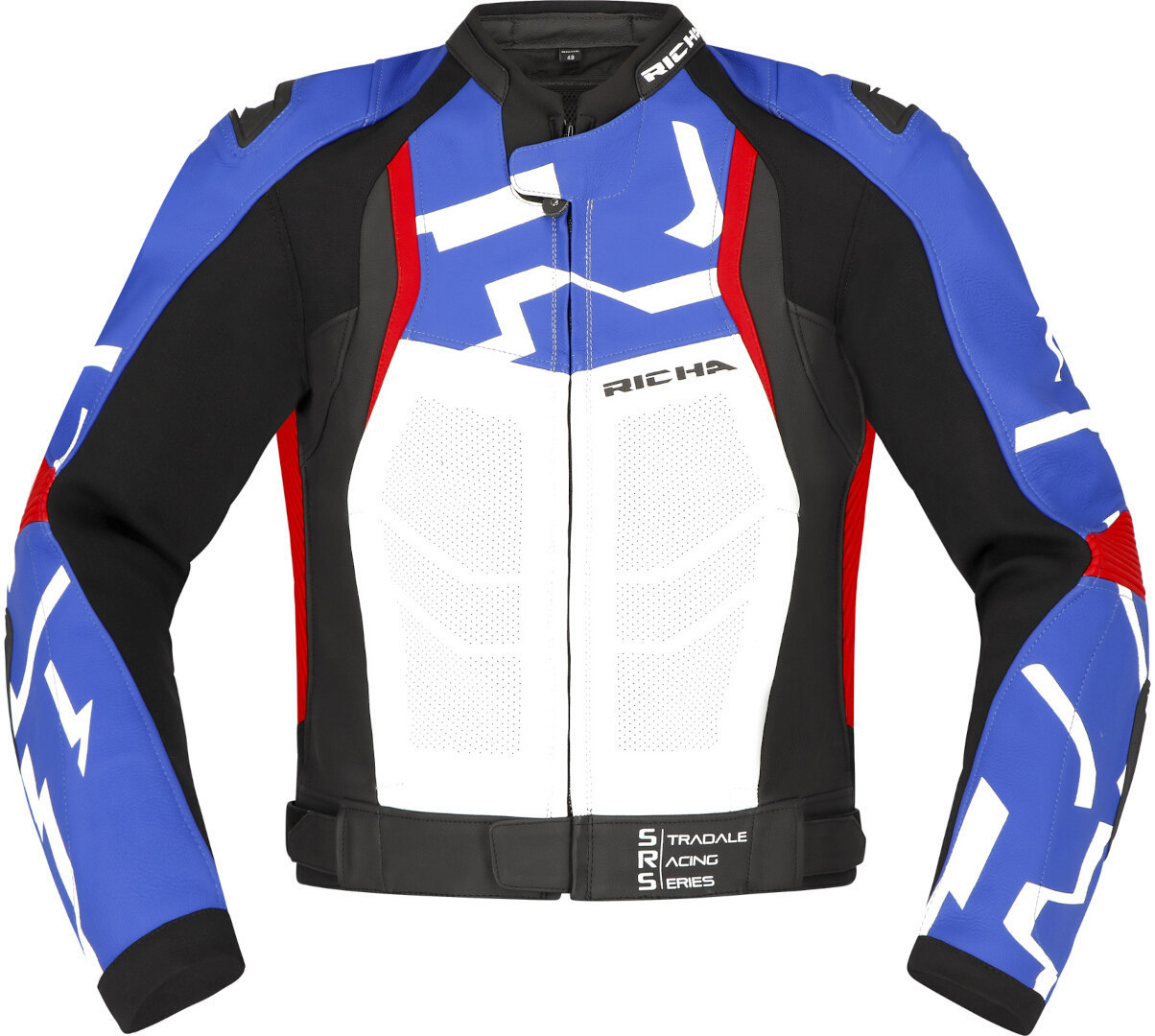 Side view of Richa Stradale perforated Motorcycle Leather Jacket, black-white-red-blue, Size 58 for Men