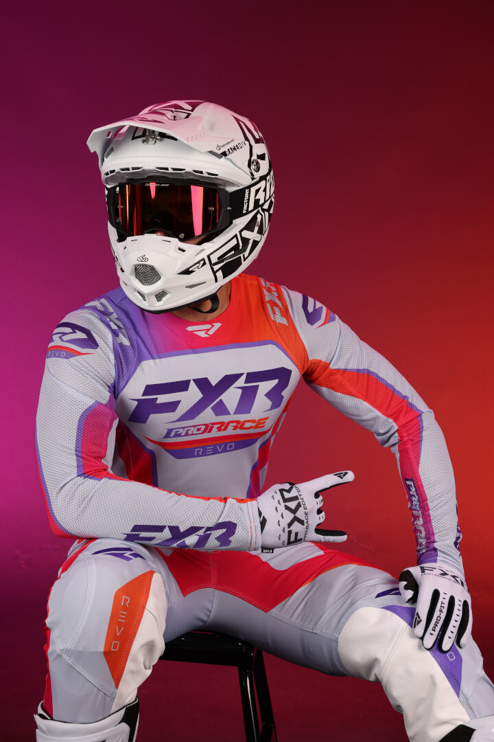 Side view of FXR Revo 2025 Motocross Pants, purple-orange, Size 28 for Men