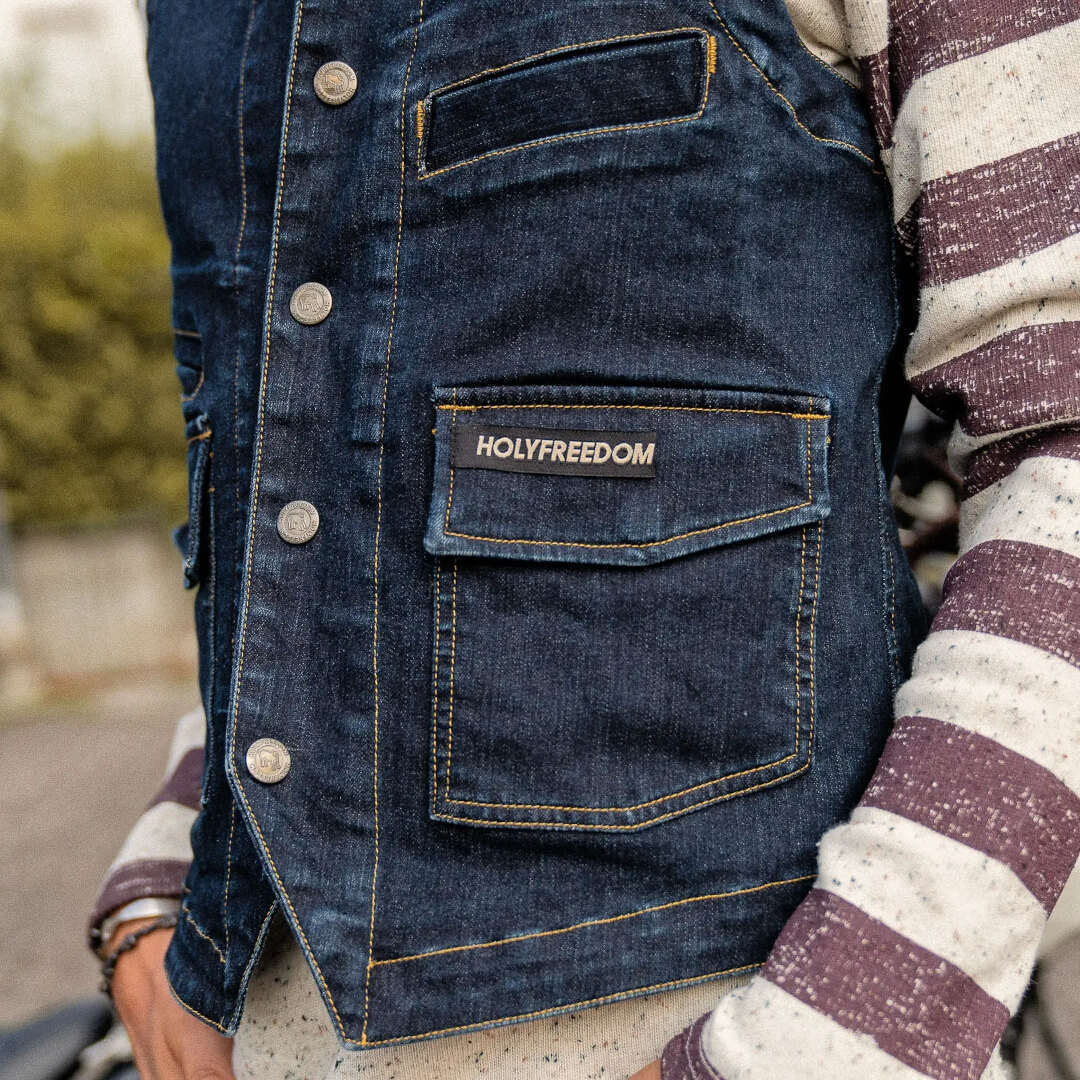 Side view of HolyFreedom Gilet Denim Vest, blue, Size S