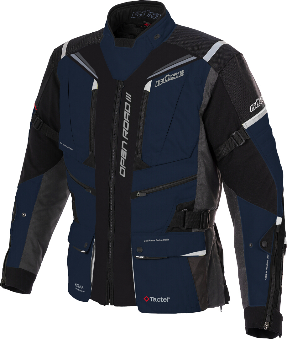 Büse Open Road III Blouson textile de moto imperméable, noir-bleu, taille 62 pour Hommes