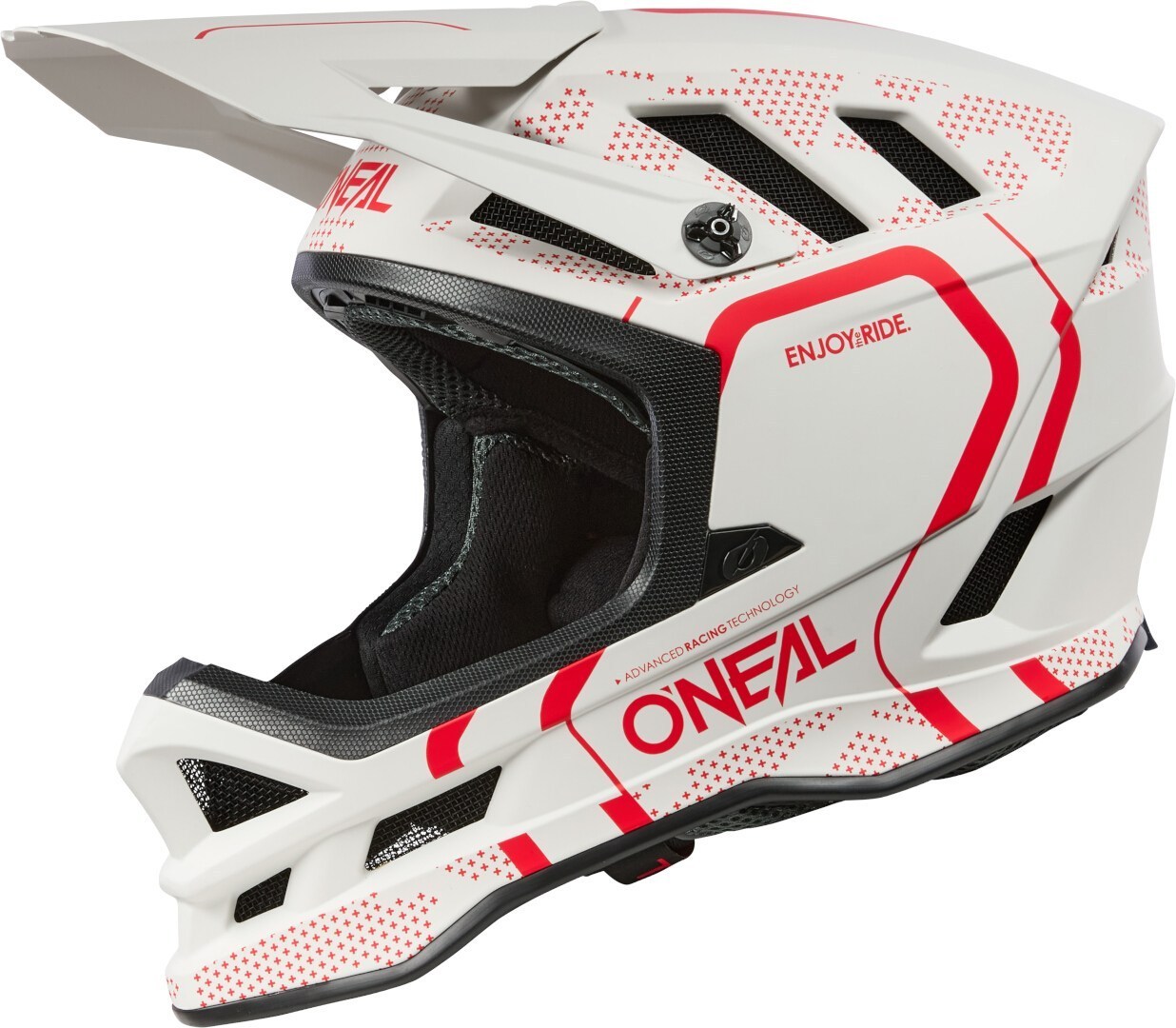 Side view of Oneal Blade Polyacrylite Strike Downhill Helmet, white-red, Size L for Men