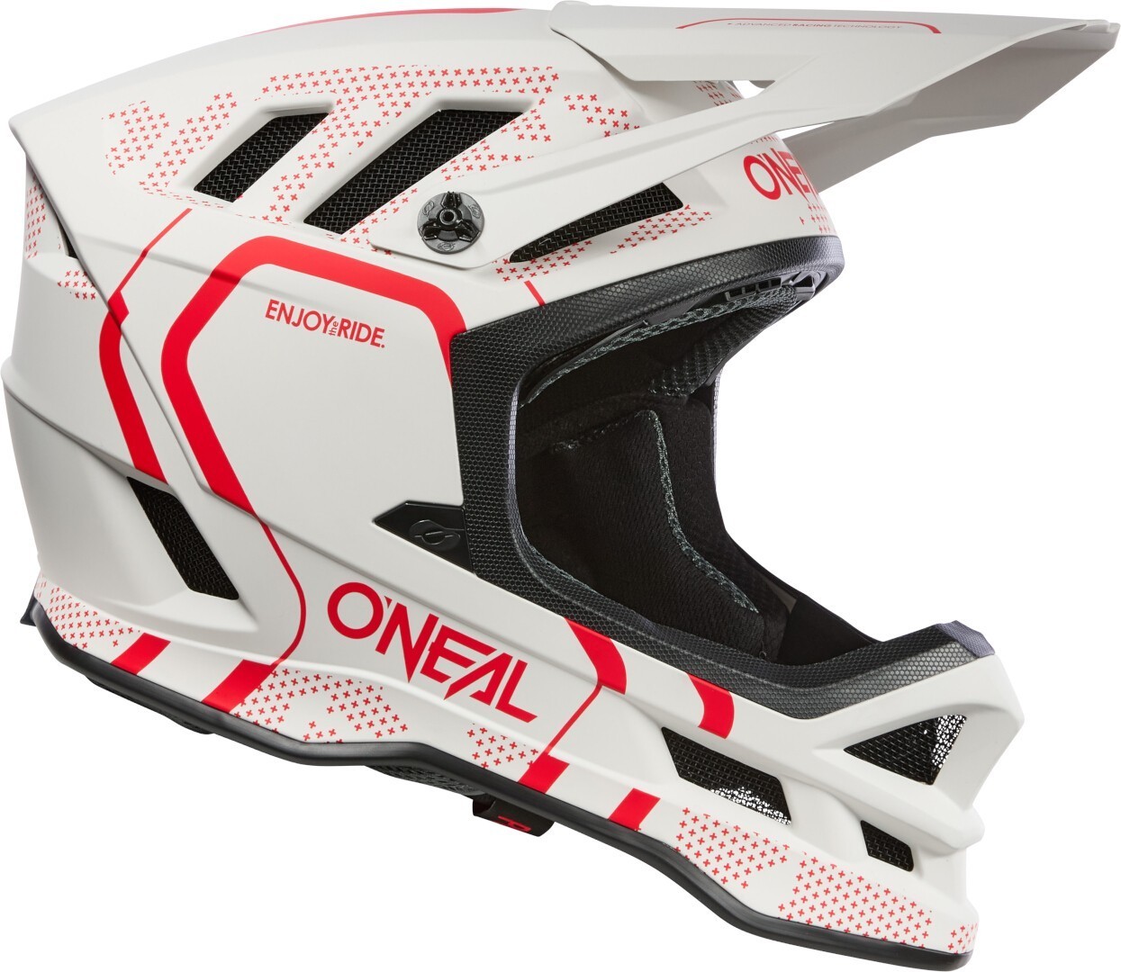Side view of Oneal Blade Polyacrylite Strike Downhill Helmet, white-red, Size L for Men