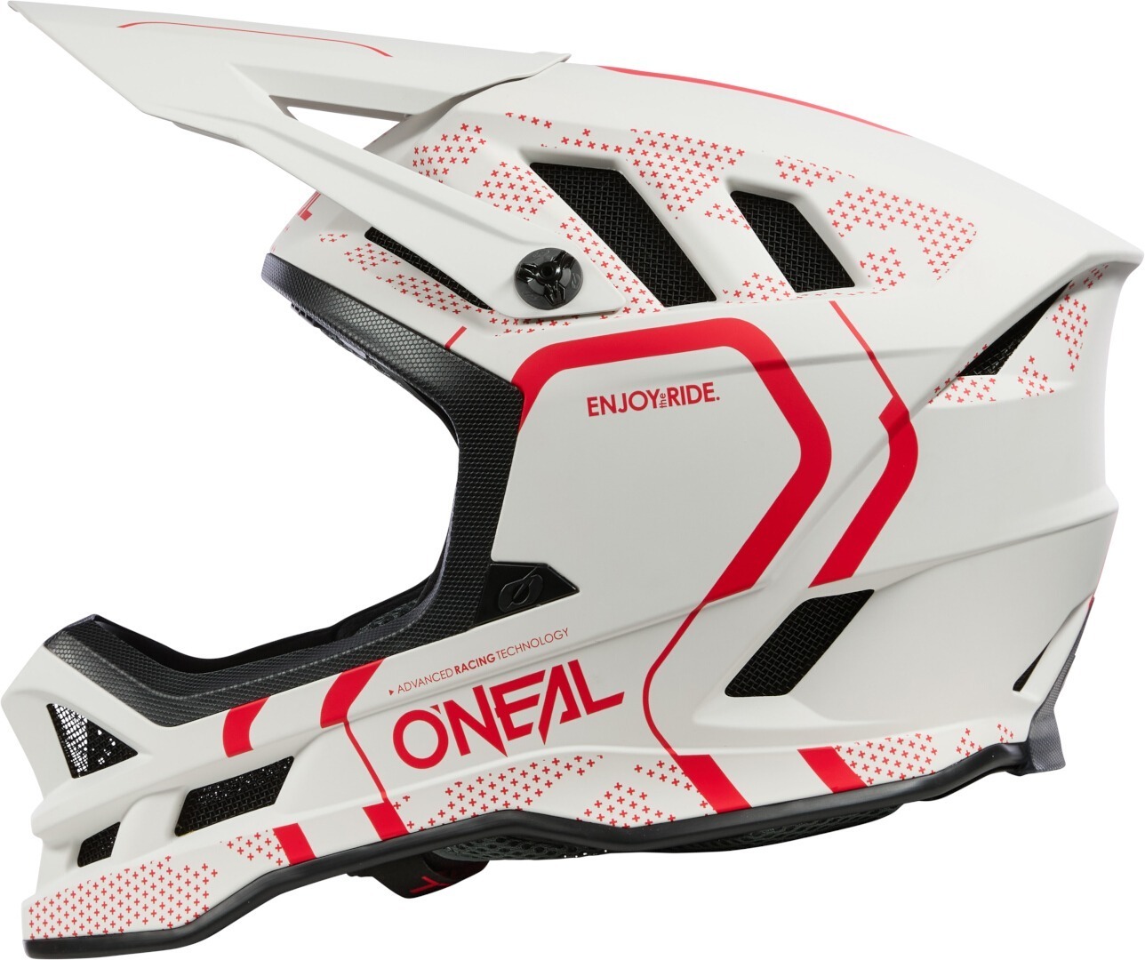 Side view of Oneal Blade Polyacrylite Strike Downhill Helmet, white-red, Size L for Men