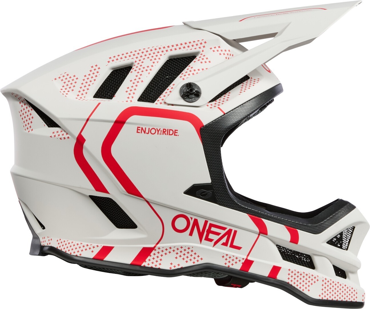 Side view of Oneal Blade Polyacrylite Strike Downhill Helmet, white-red, Size L for Men
