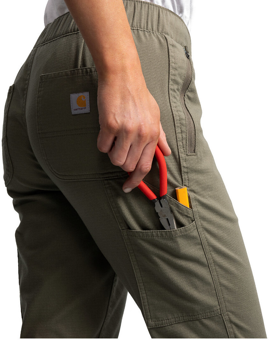 Side view of Carhartt Force Relaxed Fit Ripstop Work Ladies Pants, green, Size XL for Women