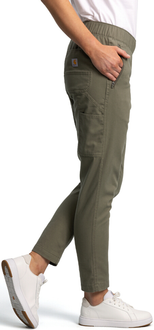 Side view of Carhartt Force Relaxed Fit Ripstop Work Ladies Pants, green, Size XL for Women