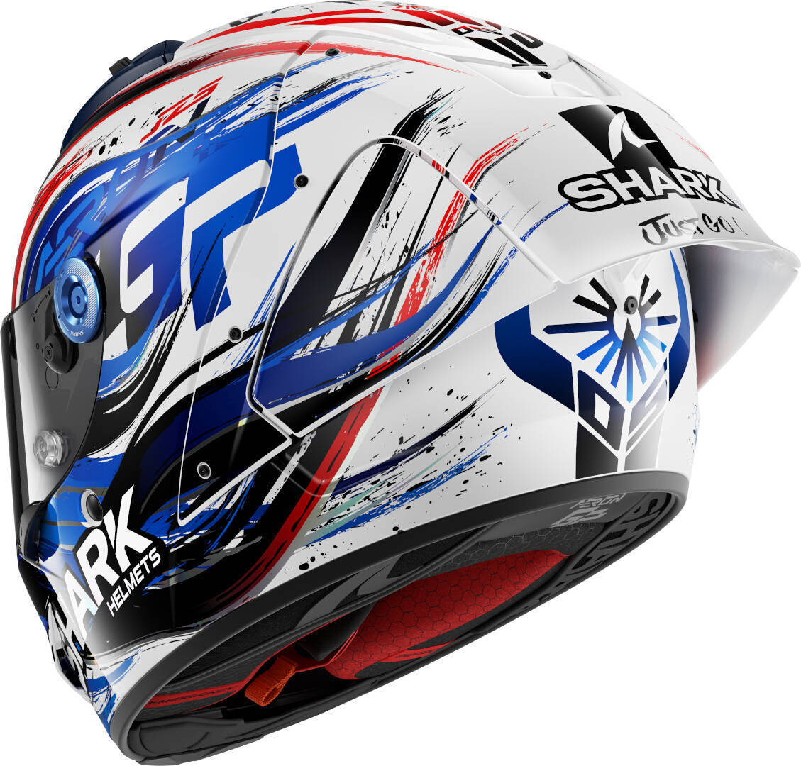 Side view of Shark Aeron GP FIM Replica Zarco Signature Carbon Helmet, black-white-red-blue, Size 2XL for Men