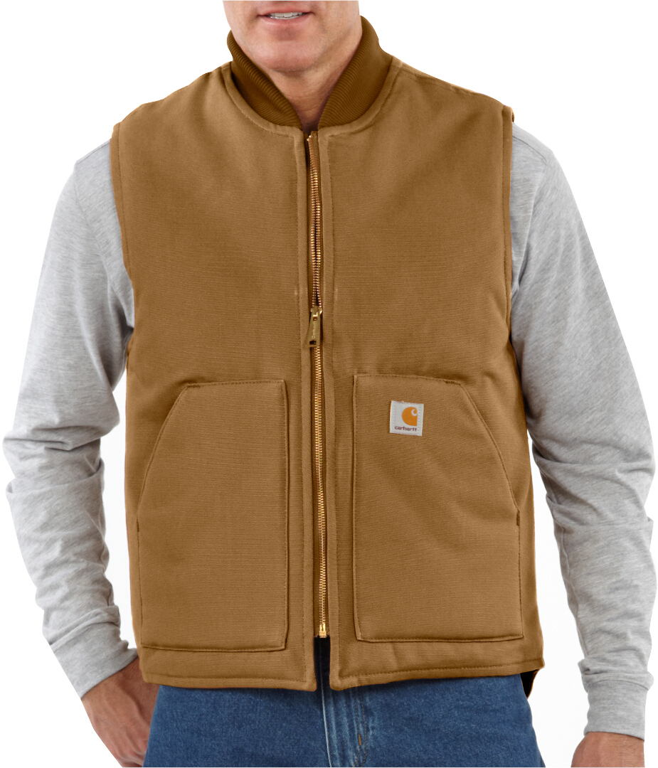Side view of Carhartt Relaxed Fit Firm Duck Insulated Rib Collar Vest, brown, Size 2XL for Men