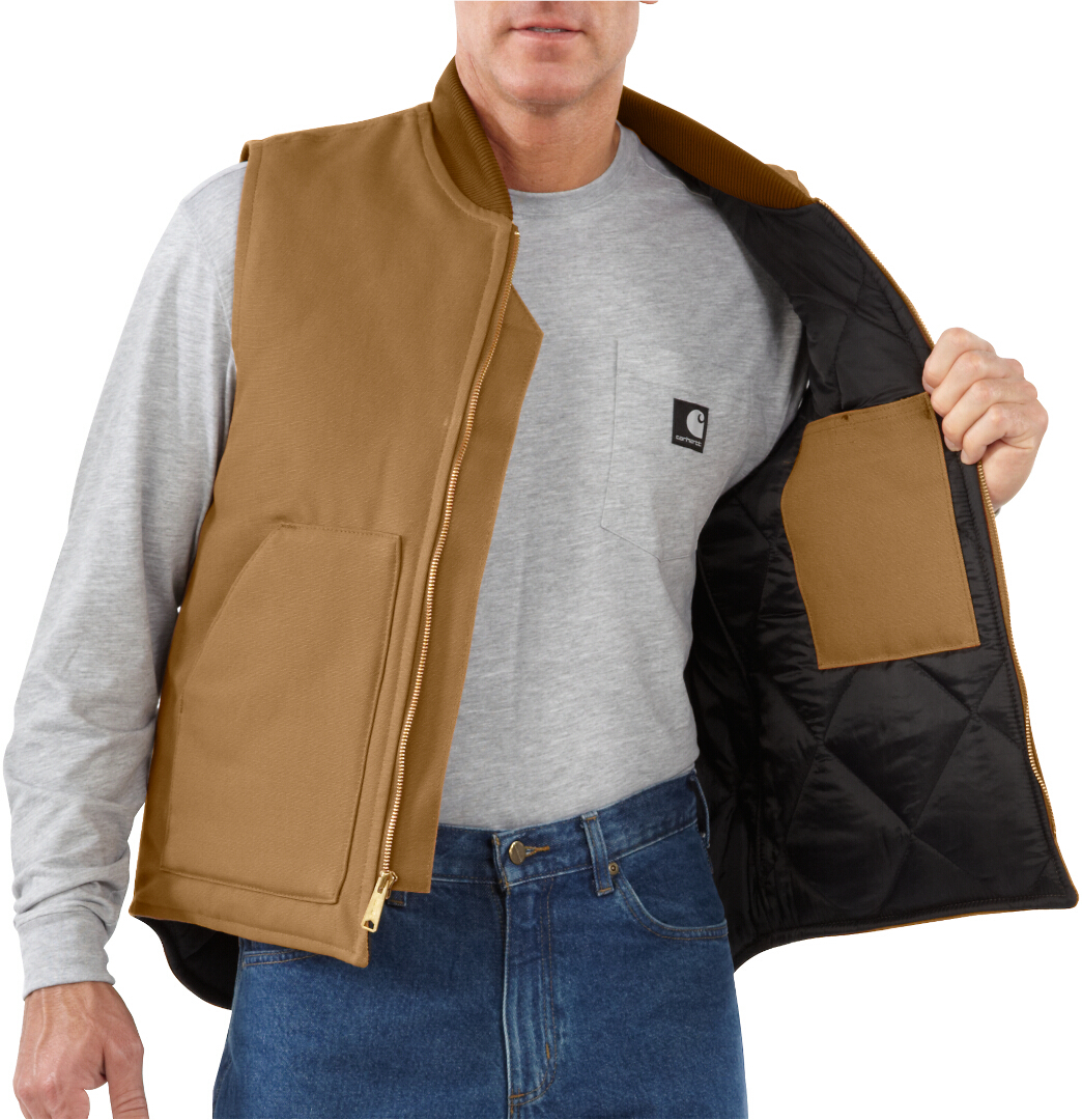 Side view of Carhartt Relaxed Fit Firm Duck Insulated Rib Collar Vest, brown, Size 2XL for Men