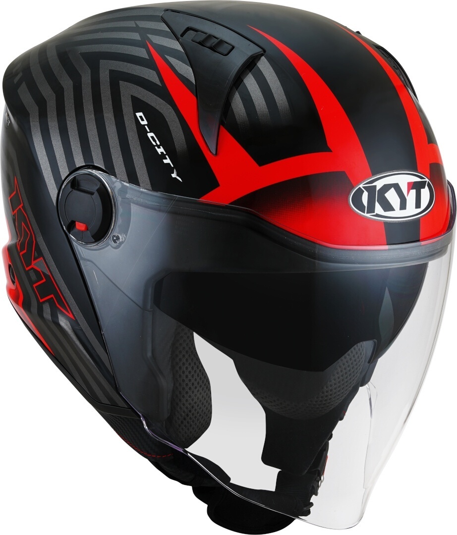 Side view of KYT D-City Lucent Jet Helmet, black-red, Size XL for Men