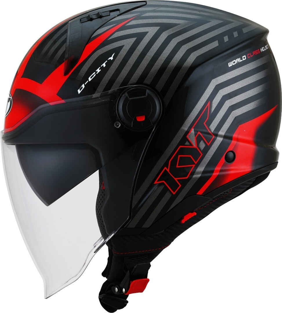 Side view of KYT D-City Lucent Jet Helmet, black-red, Size XL for Men