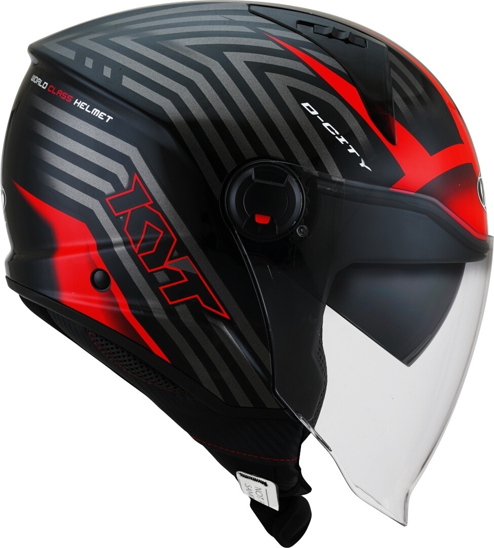 Side view of KYT D-City Lucent Jet Helmet, black-red, Size XL for Men