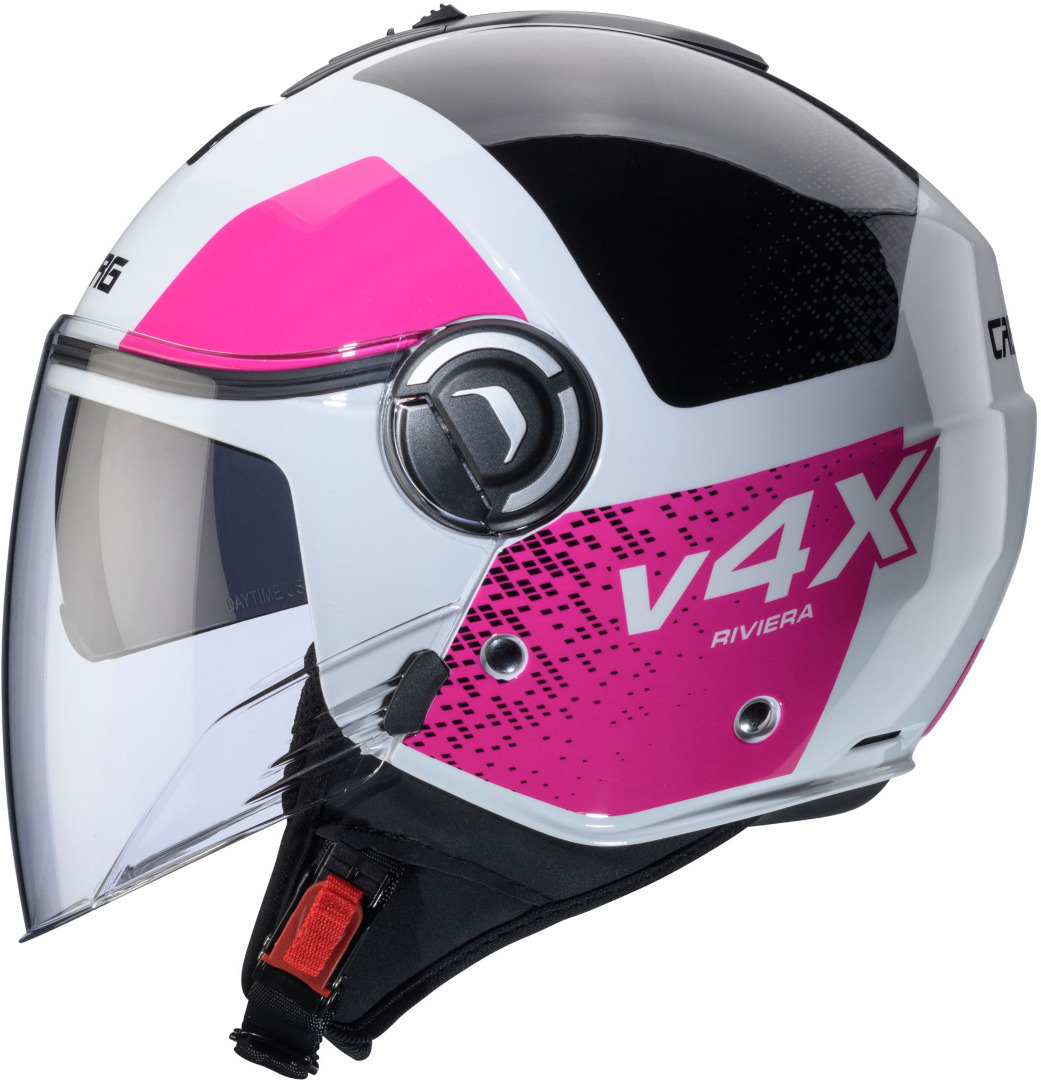 Side view of Caberg Riviera V4 X Alpha Jet Helmet, black-white-pink, Size XS for Men