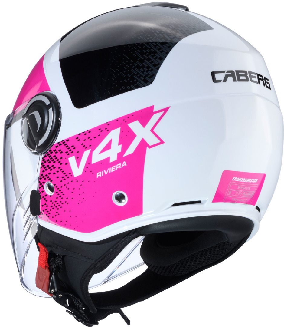 Side view of Caberg Riviera V4 X Alpha Jet Helmet, black-white-pink, Size XS for Men